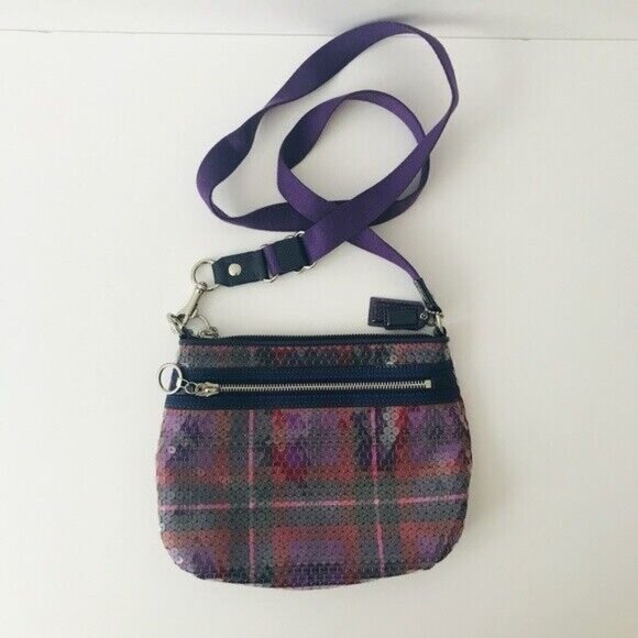Coach Poppy Purple Tartan Plaid Sequins Crossbody Bag - Picture 5 of 7